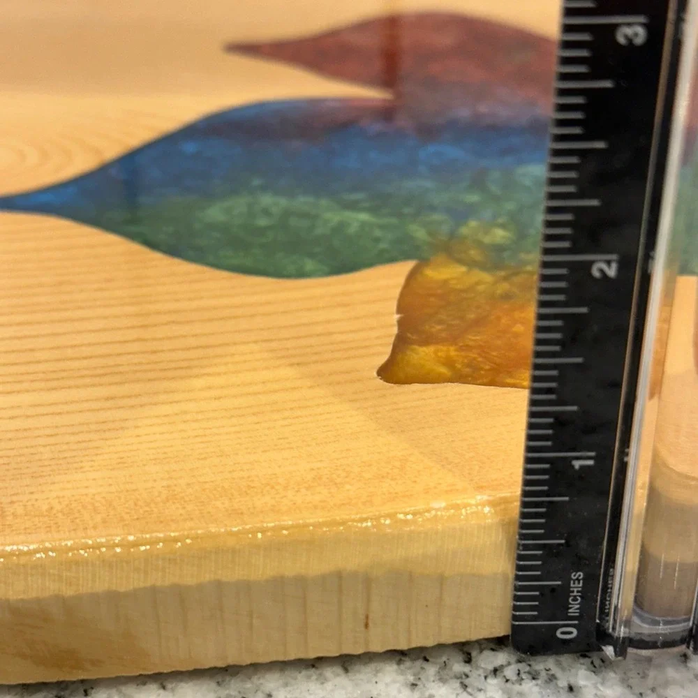 White Mountain Woodworks Live edge Cutting Board Rainbow Resin Leaf Rustic Boho